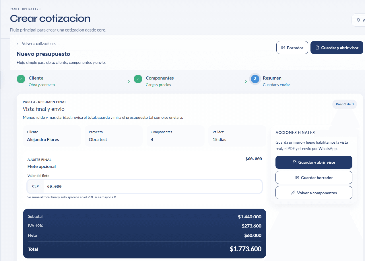 Paso 3 real del flujo con total final y acciones de cierre
