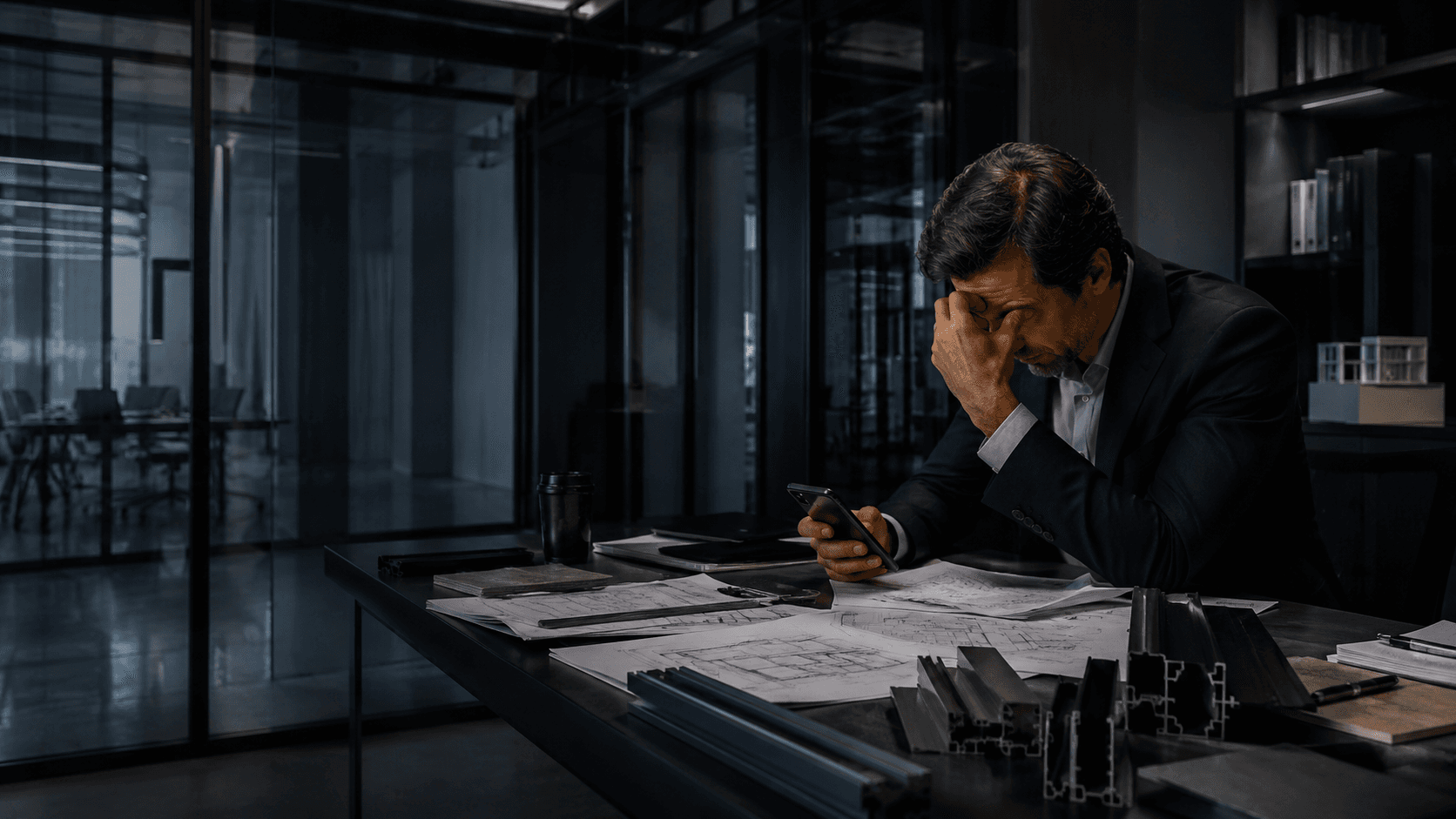 Encargado comercial revisando solicitudes y planos en un entorno premium de vidrio y aluminio