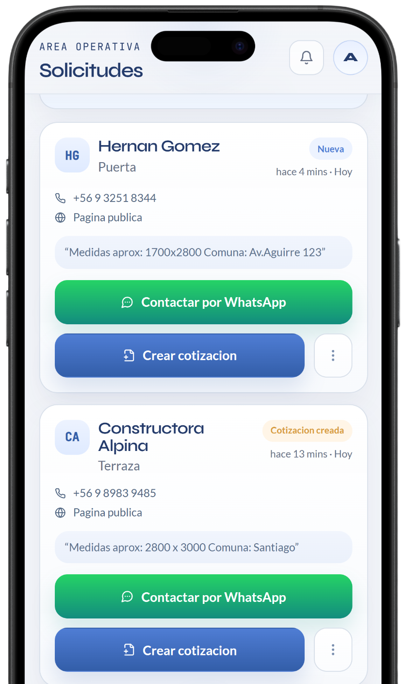 Pantalla de solicitudes con Hernan Gomez, estado nueva, boton de WhatsApp y crear cotizacion