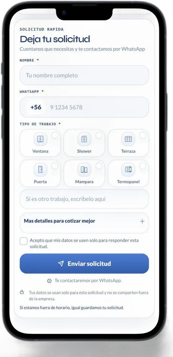 Formulario público donde el cliente solicita cotización de vidrios y aluminio